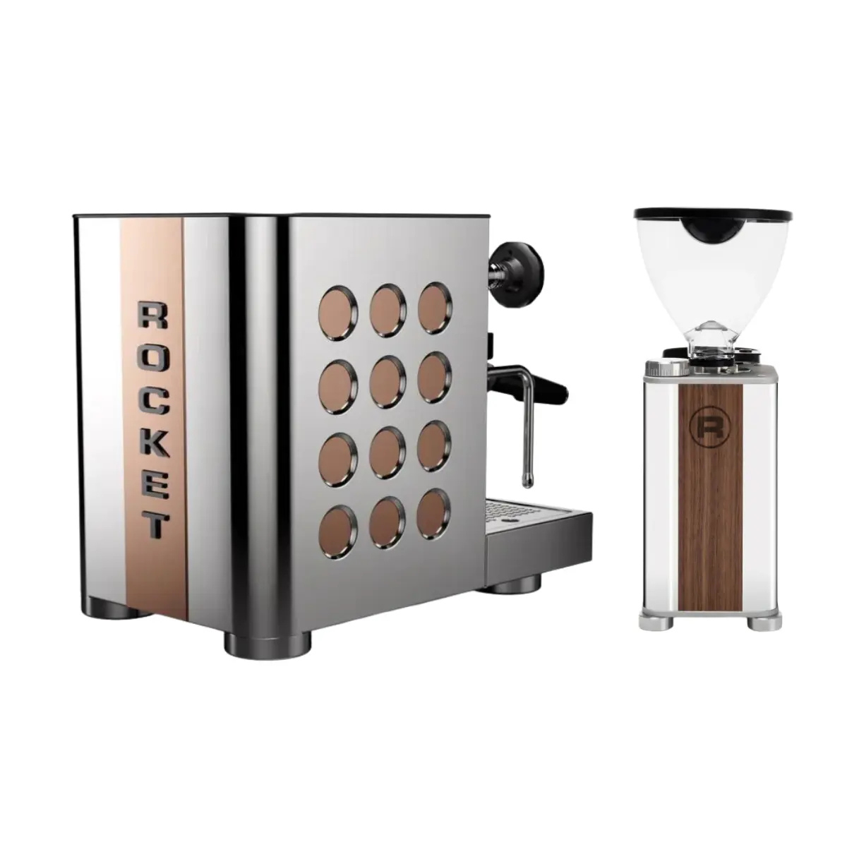 Rocket Appartamento TCA Espresso Machine + Giannino Grinder - Home Bundle Kit Chrome Wood