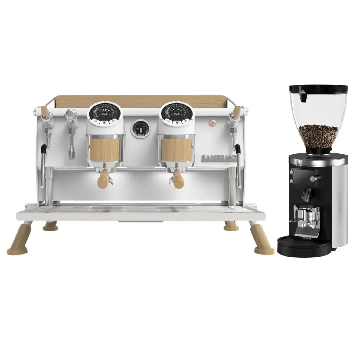 Sanremo Cafe Racer 2 Group + Mahlkonig E80s Grind by Weight Grinder - Commercial Bundle Kit White