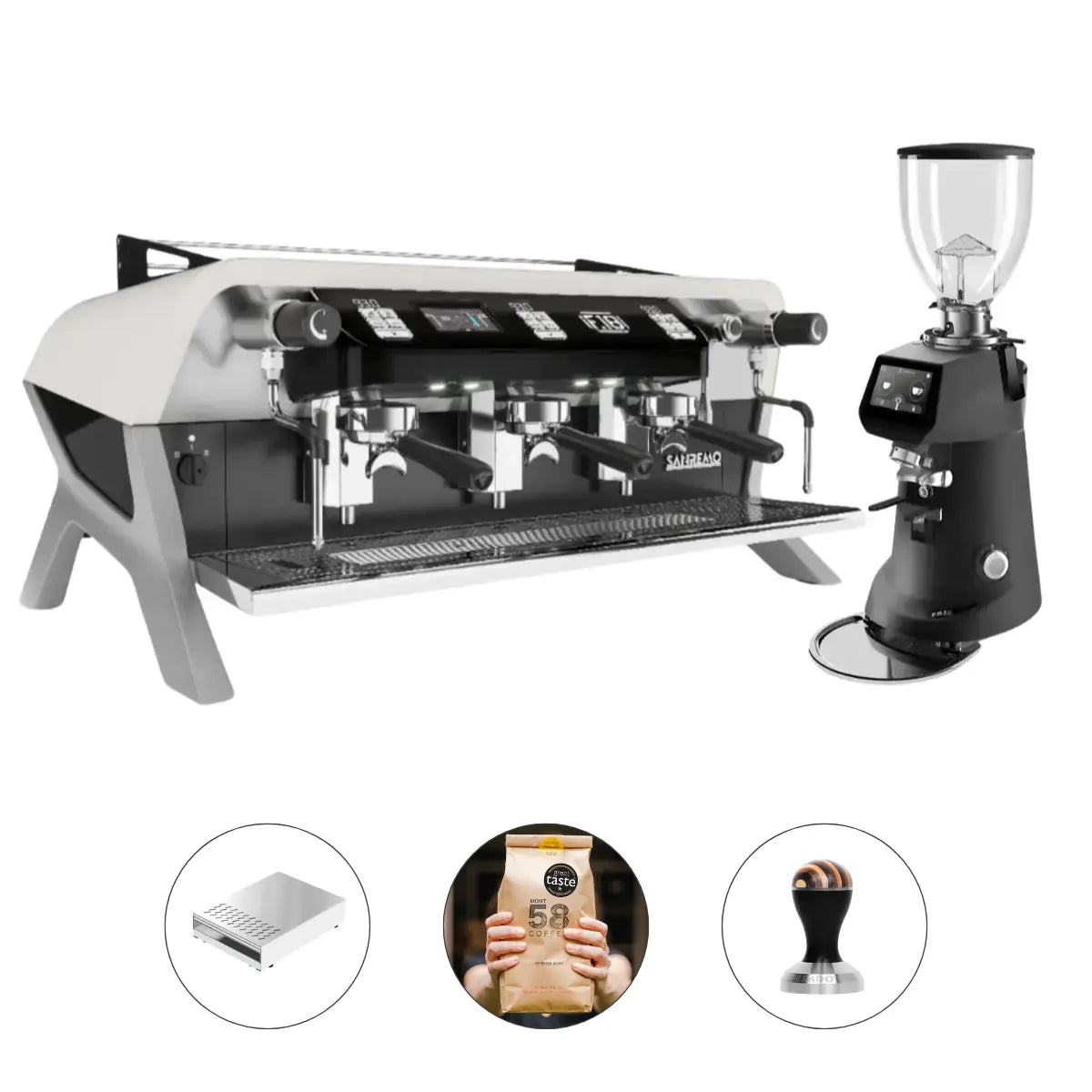 Sanremo F18 Multi-Boiler 2 Group + SR64 EVO Pro Sense (Grind by Weight) Commercial Bundle Kit Black and White