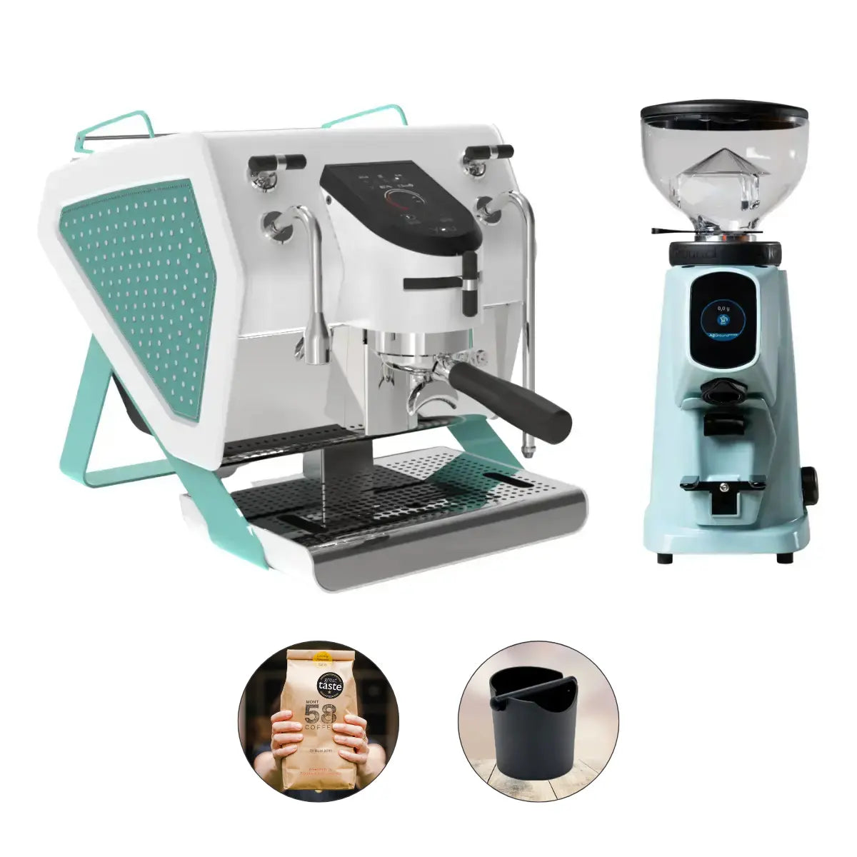Sanremo YOU Espresso Machine Fiorenzato All Ground Sense Grinder Aquamarine Studded Panels