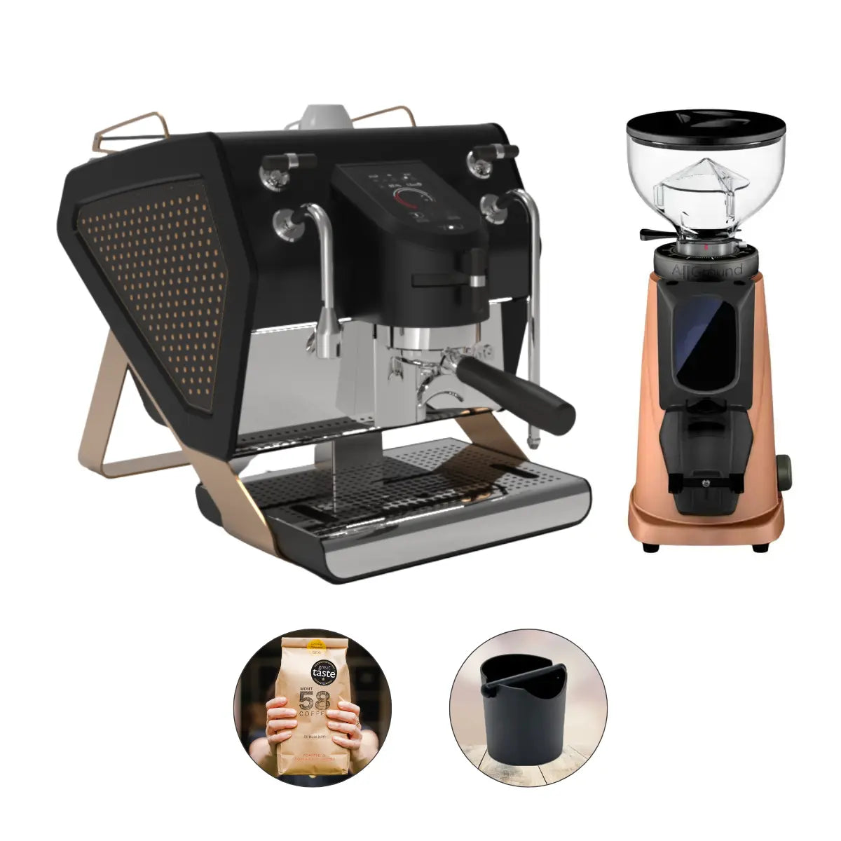 Sanremo YOU Espresso Machine Fiorenzato All Ground Sense Grinder Copper Black and Studded Panels