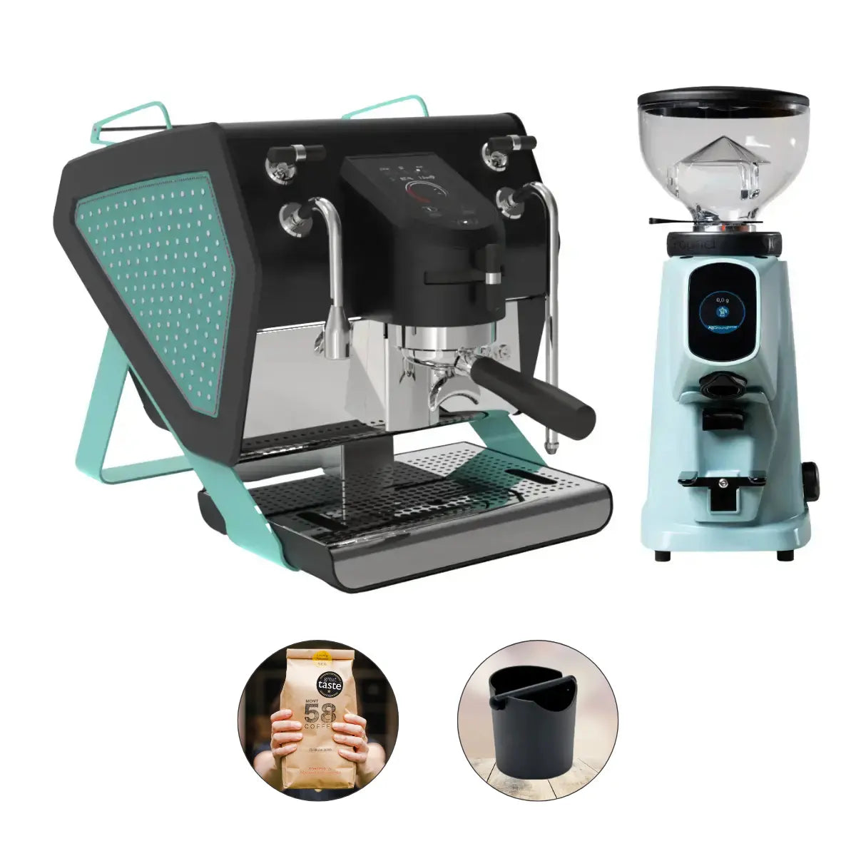 Sanremo YOU Espresso Machine + Fiorenzato All Ground Sense Grinder Black Aquamarine + Blue Grinder + Studded Leather Panels