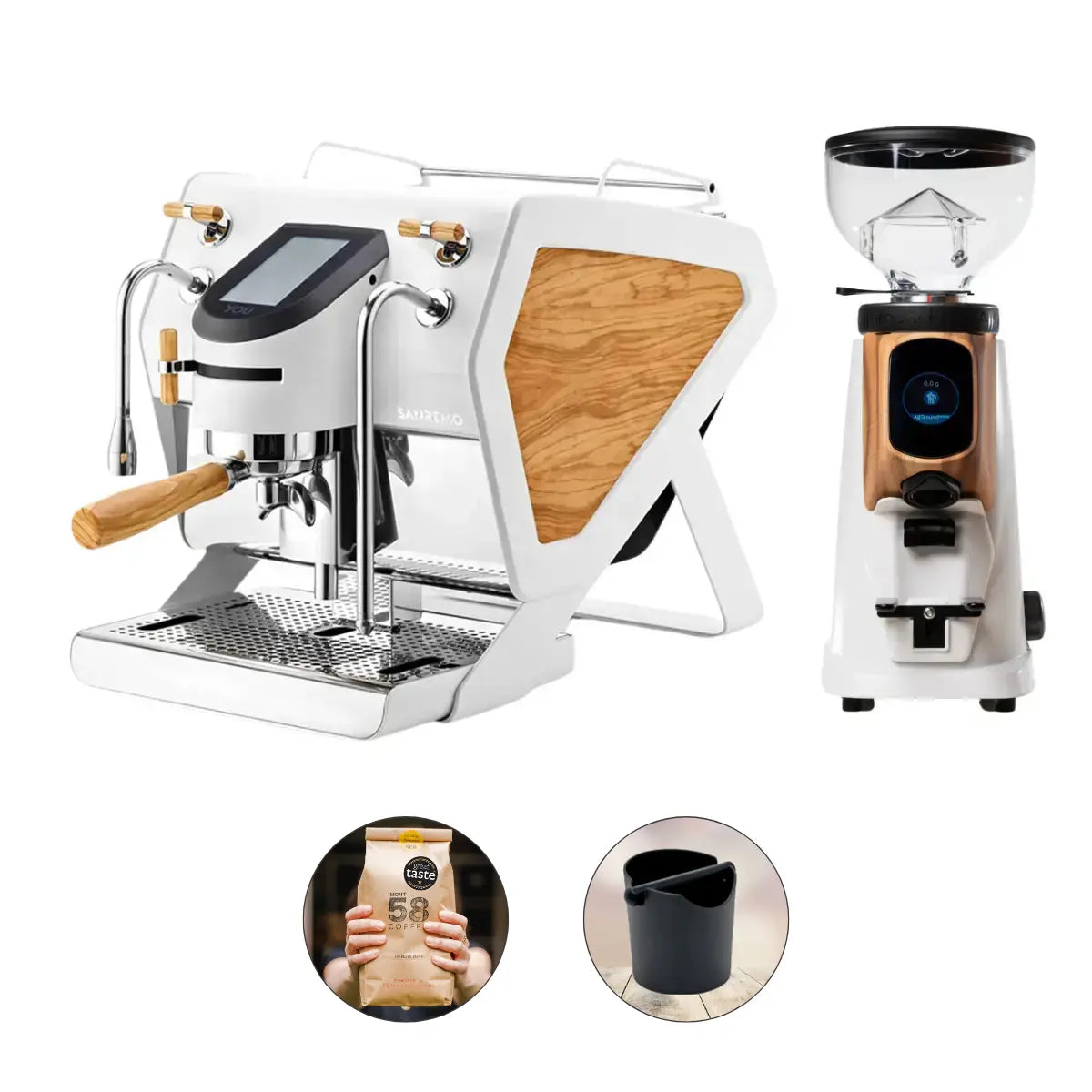 Sanremo YOU Espresso Machine + Fiorenzato All Ground Sense Grinder White + Wooden Kit & Panels