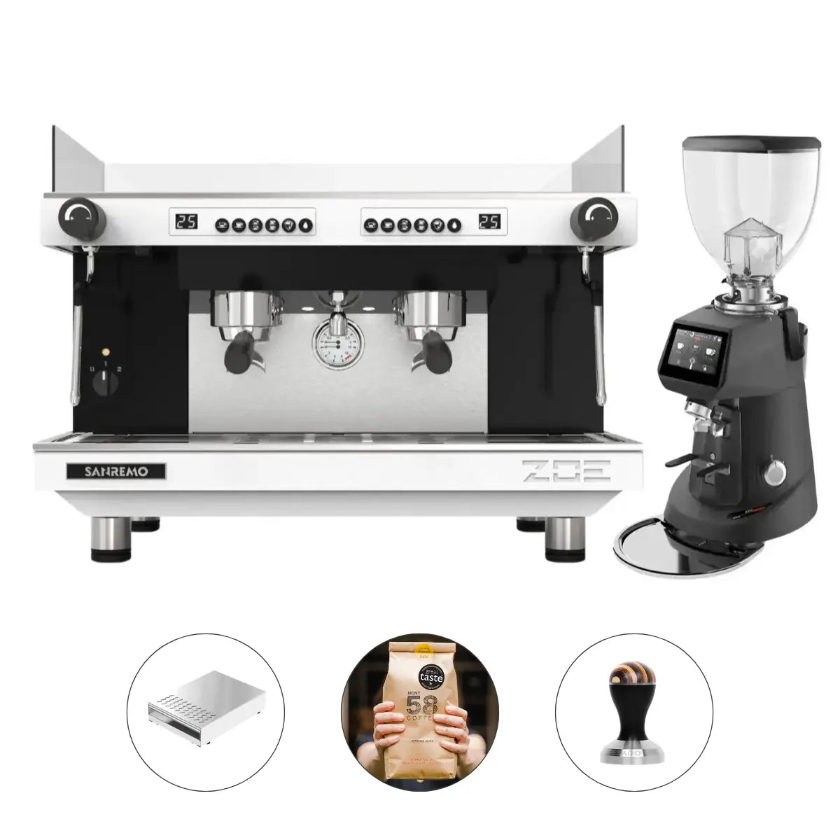 Sanremo Zoe Competition 2 Group Espresso Machine + SR64 EVO Pro Sense Grinder - Commercial Bundle Kit Black and White