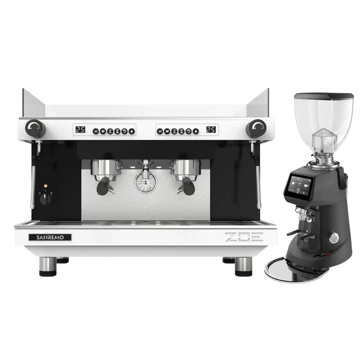 Sanremo Zoe Competition 2 Group Espresso Machine + SR64 EVO Pro Sense Grinder - Commercial Bundle Kit Black and White