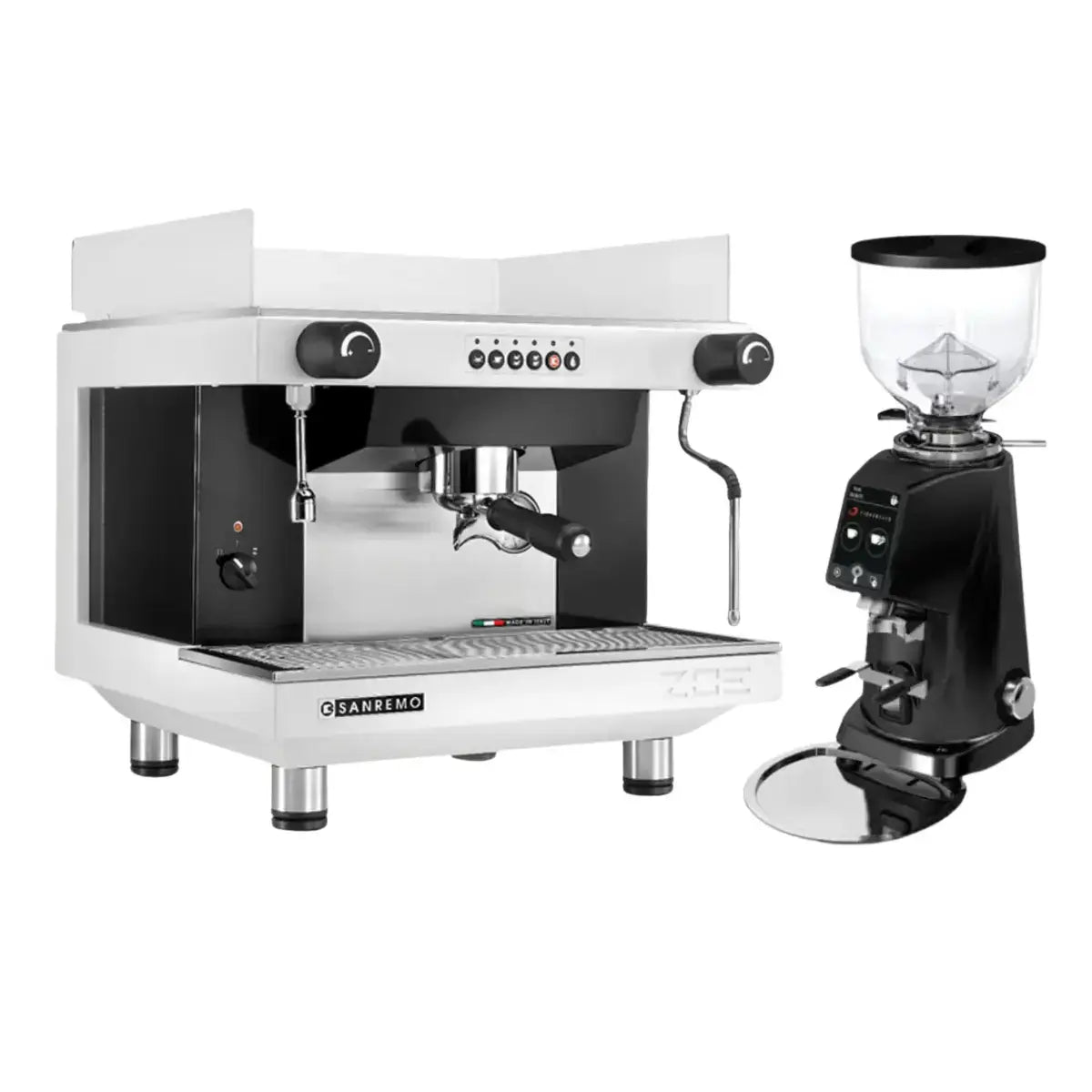 Sanremo Zoe SED 1 Group Espresso Machine + Fiorenzato F4 EVO Grinder - Commercial Bundle Kit Black and White