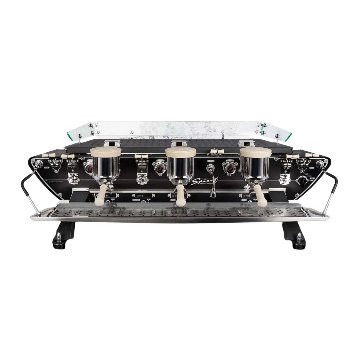 Kees van der Westen Spirit Multiple Espresso Boiler Machine Triplette Crackle Black Body Ivory Coloured Accessories Front View