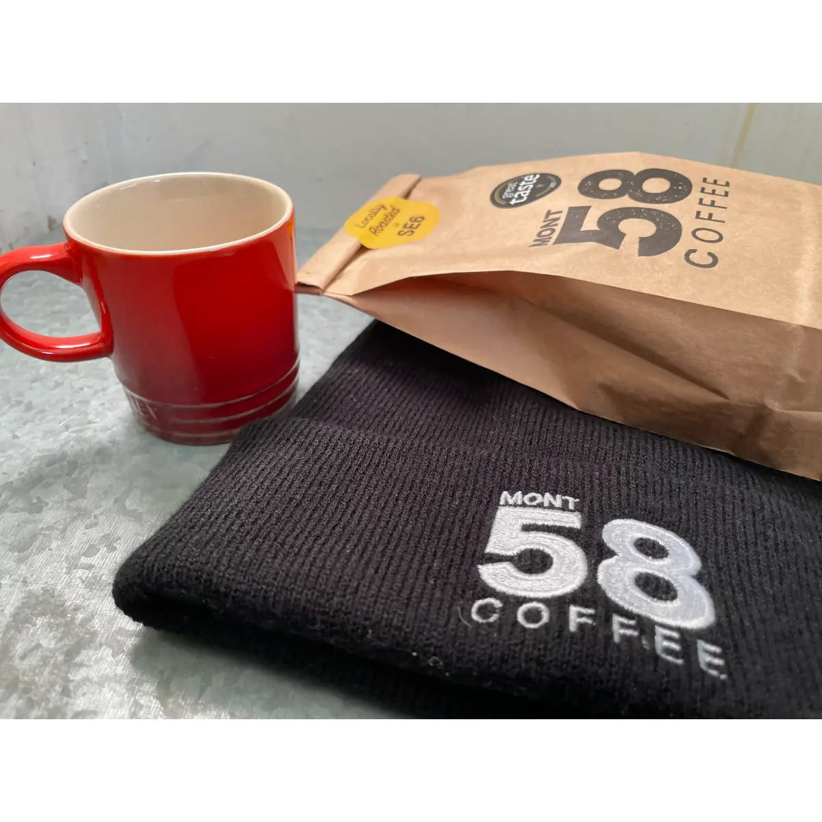 MONT58 Brazil Single Origin Coffee Beans beanie bag and mug