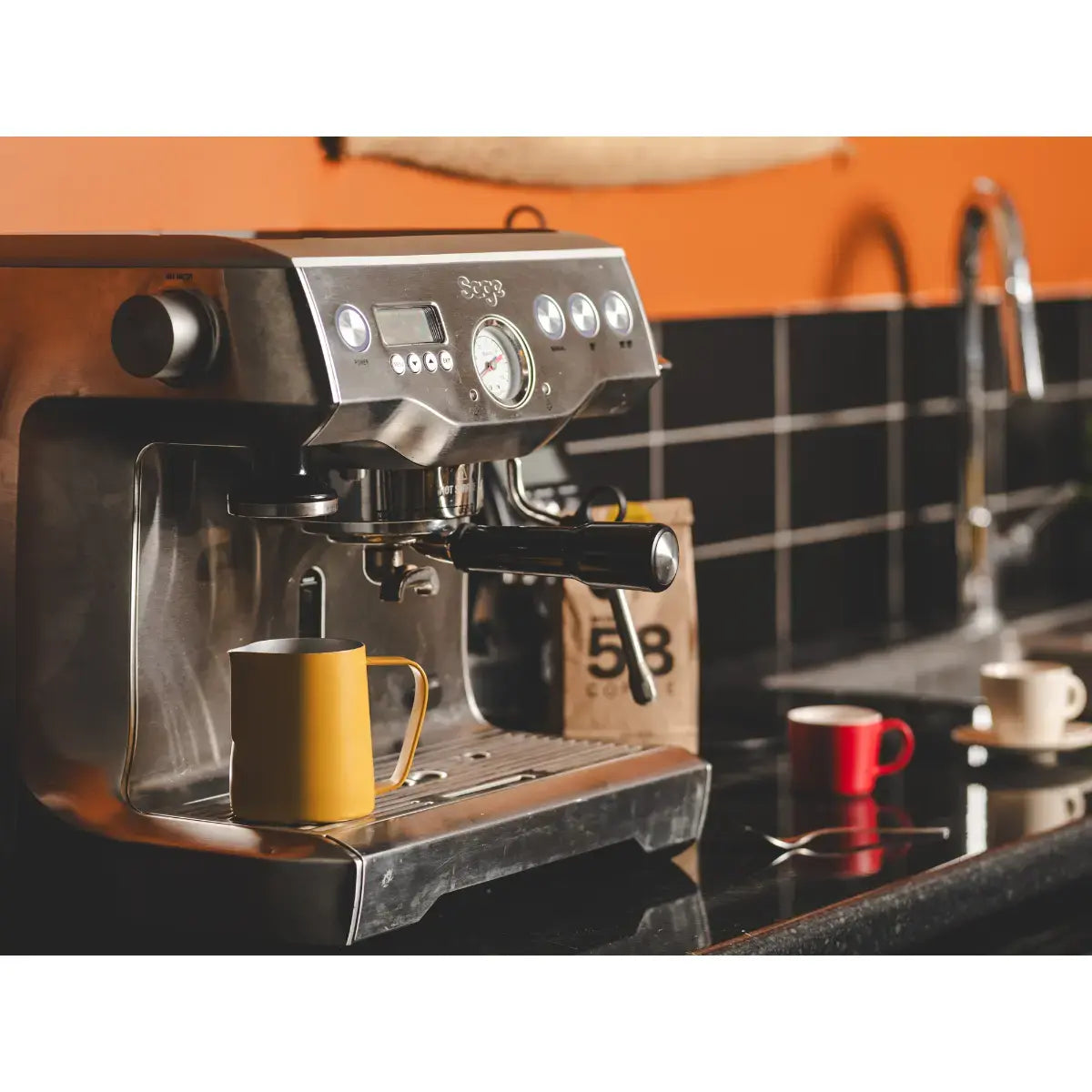 MONT58 Deliciously Dark Blend Coffee Beans sage with bag and red mug