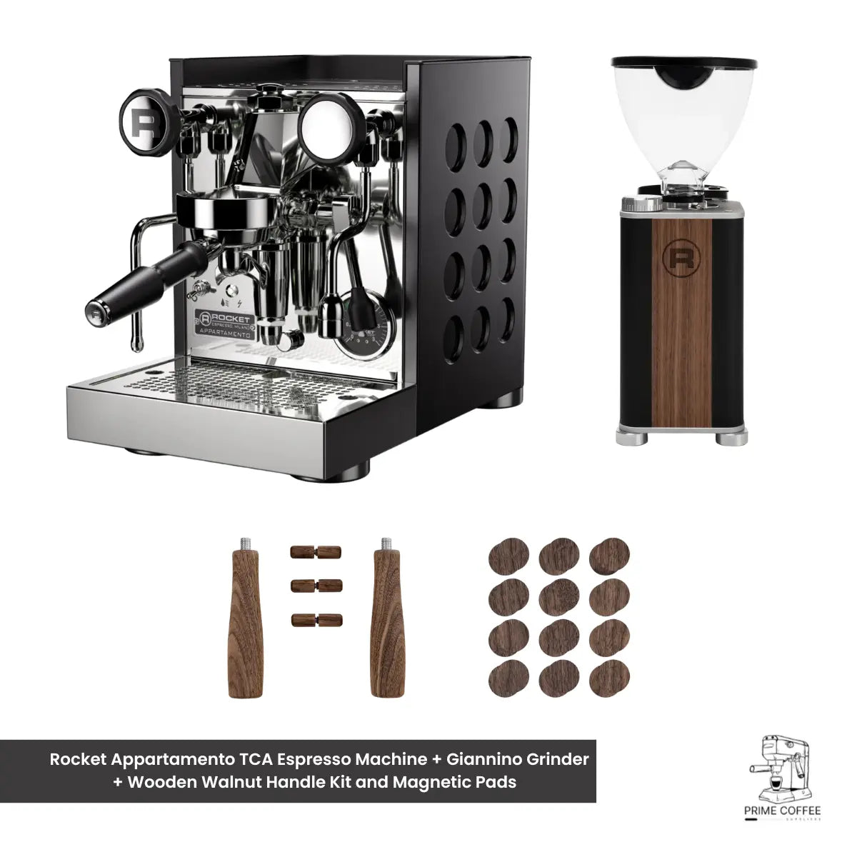 Rocket Appartamento TCA Espresso Machine + Giannino Grinder + Wooden Walnut Handle Kit and Magnetic Pads