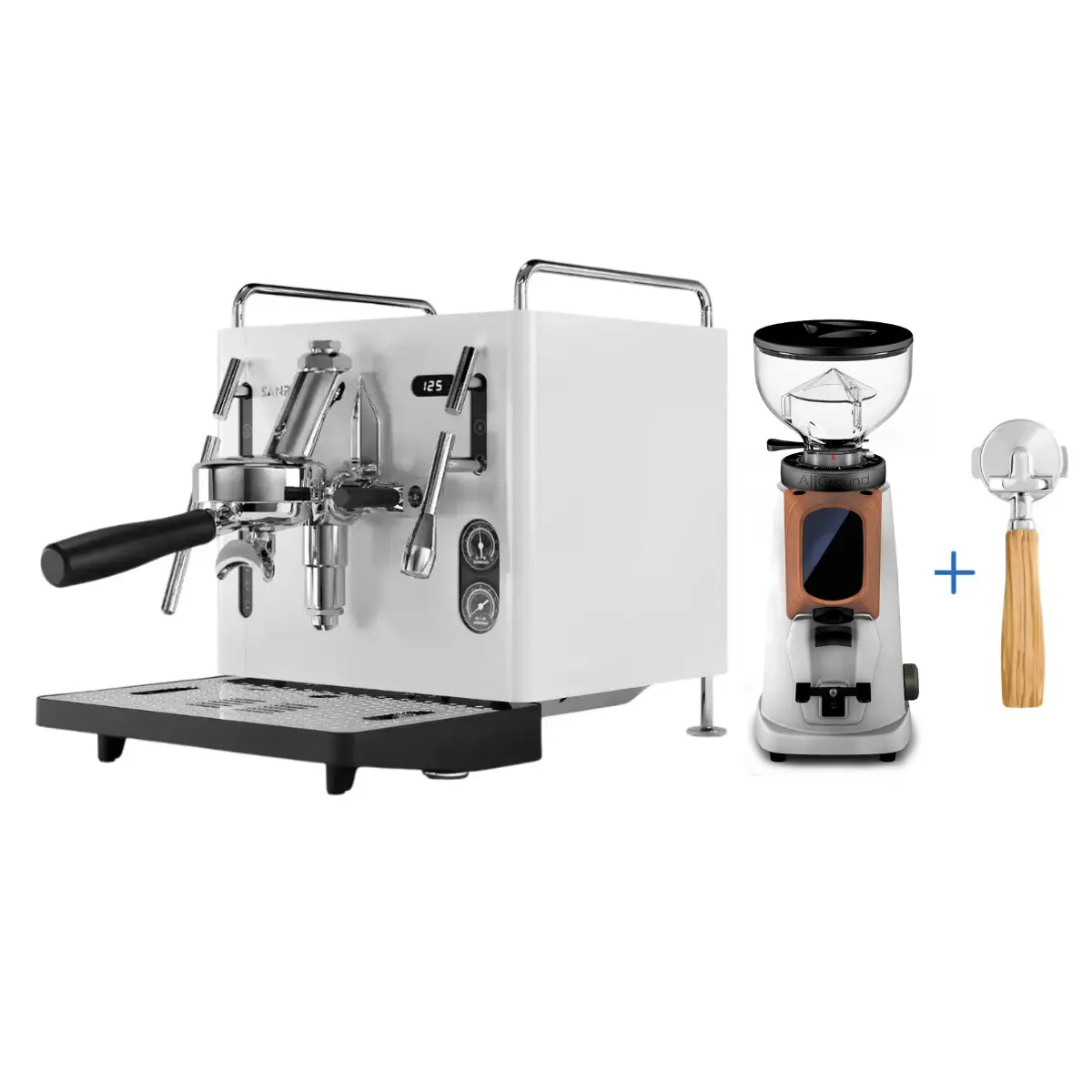 Sanremo Cube-R Espresso Machine + Sanremo All Ground Sense Grinder White and Wood