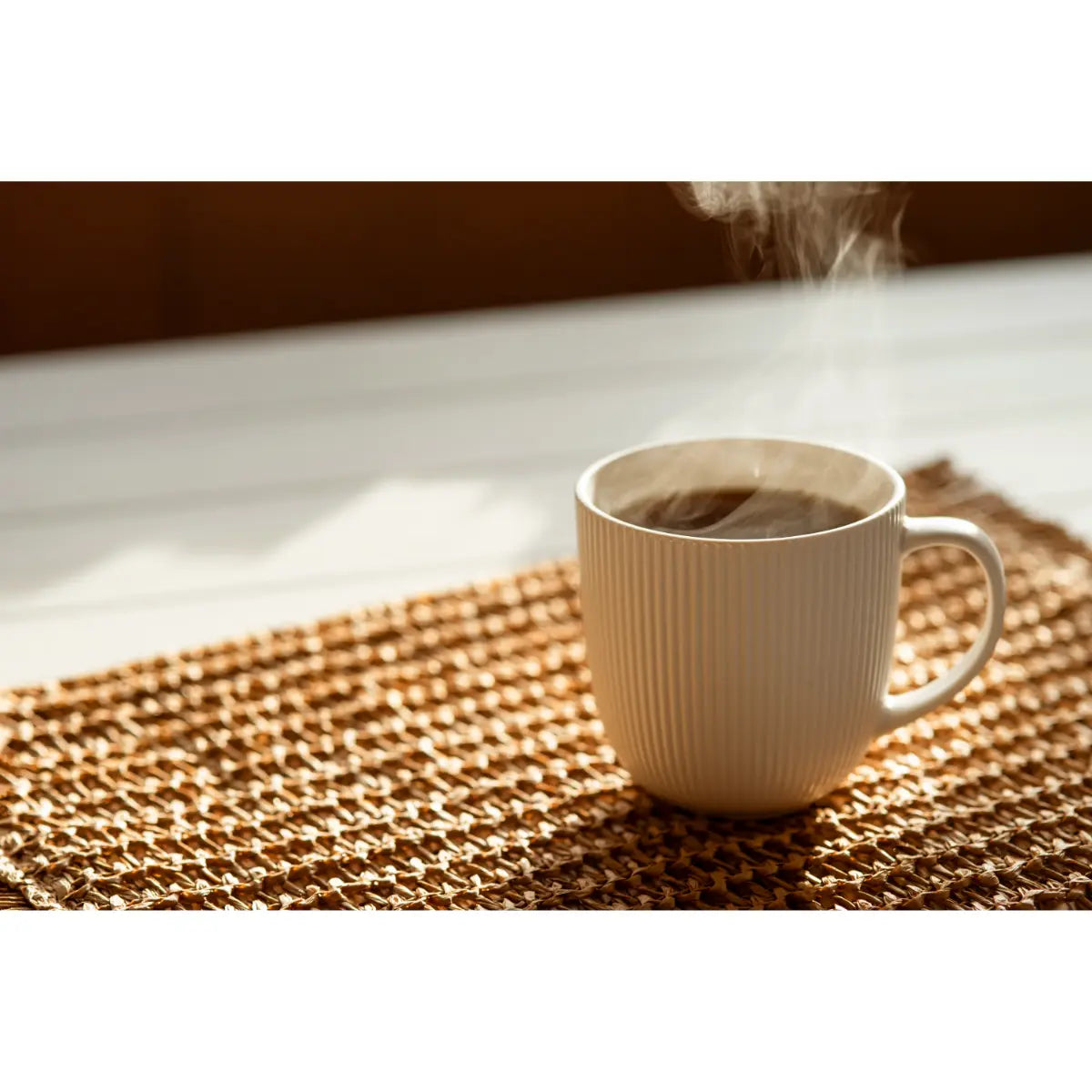 coffee mug on woven placemat sunny